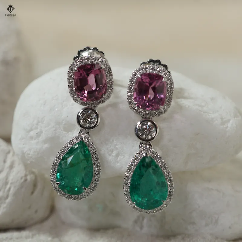 Bông Tai Kim Cương - Emerald - Spinel